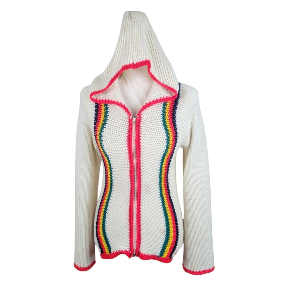 Vtg 70s Rainbow Trim Hooded Knit Cardigan S/M Full Zip Retro Fall Folk Boho